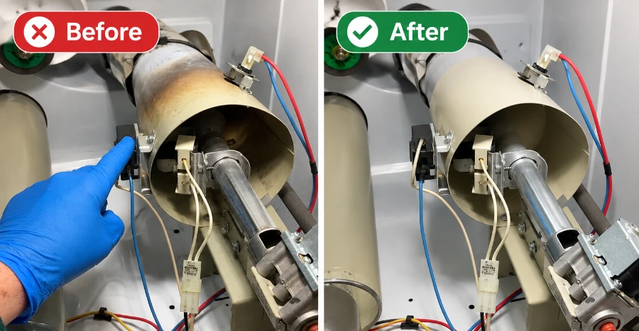 Dryer heater housing before and after cleaning