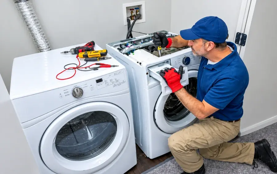 Technician repairing a front load washer in Abilene, TX
