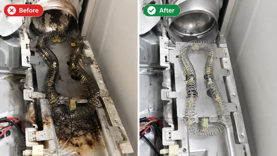 Dryer heating element before and after replacement: burned element swapped for a new one