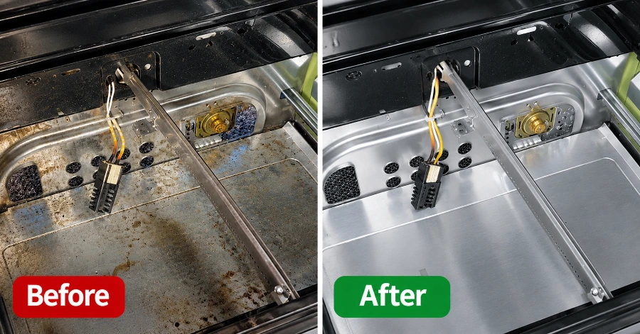 Gas oven interior before and after cleaning around the igniter