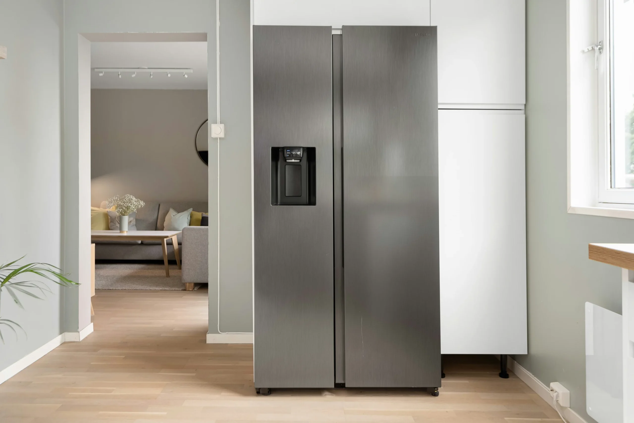 Stainless steel side-by-side refrigerator in a home kitchen