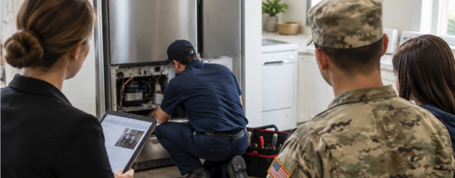 A technician repairing a refrigerator while a service member and two other people watch